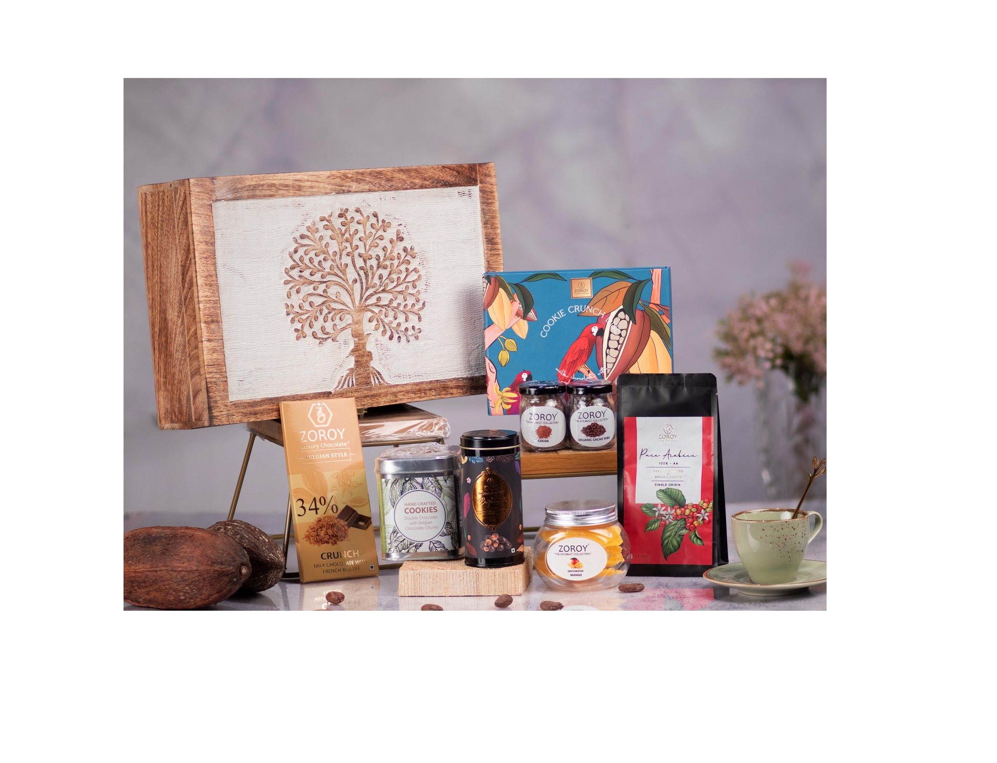 ZOROY Luxury Chocolate The Classic Tree of Life Wood Box Hamper| Belgian style chocolate | Arabica Coffee | Cookies | Chocolate coated nuts | Cocoa | Green Tea | 100% Veg