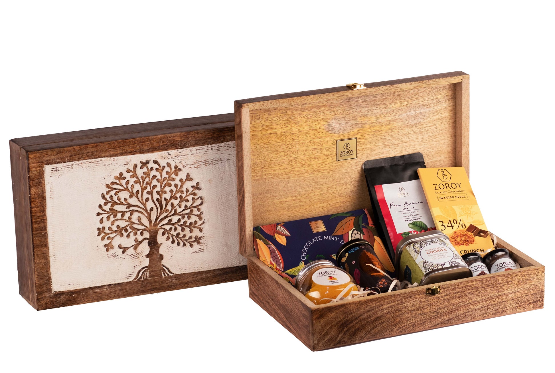ZOROY Luxury Chocolate The Classic Tree of Life Wood Box Hamper| Belgian style chocolate | Arabica Coffee | Cookies | Chocolate coated nuts | Cocoa | Green Tea | 100% Veg