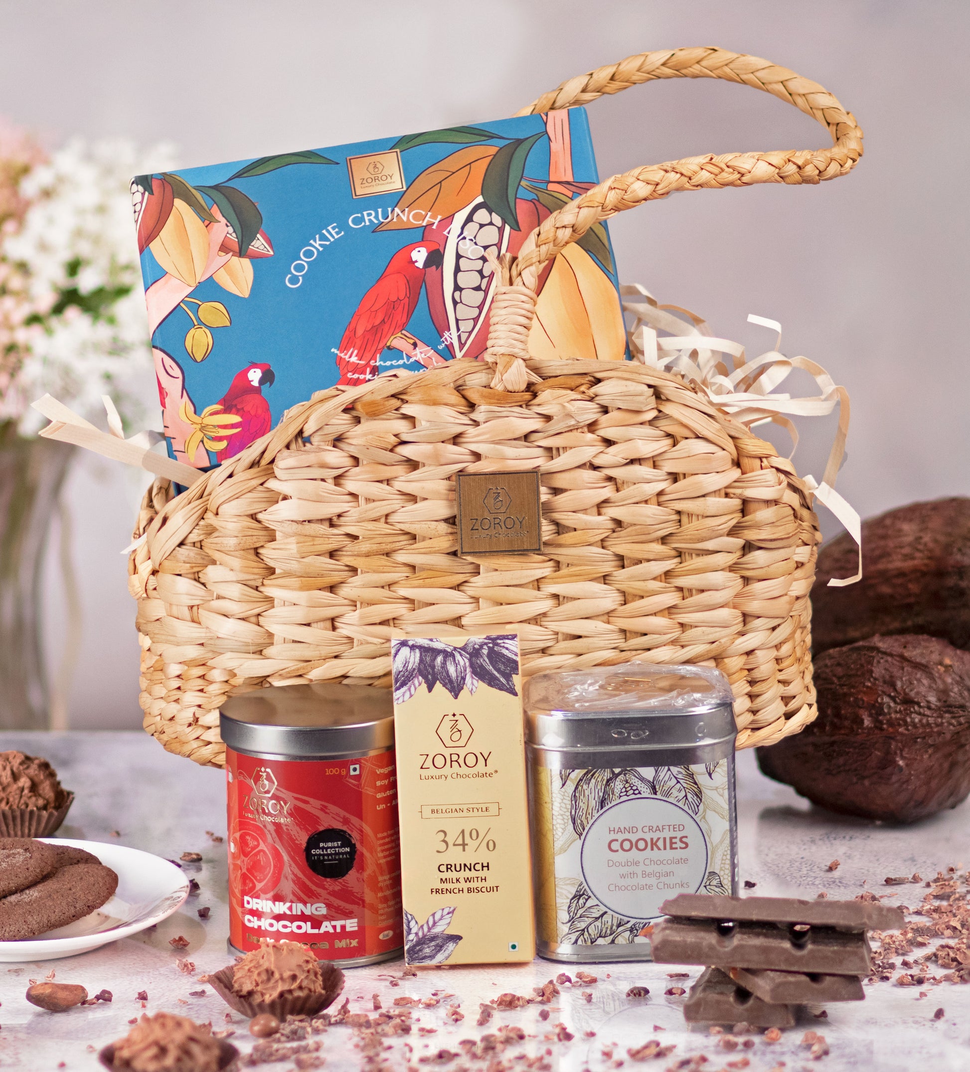 ZOROY Luxury Chocolate The Weed Basket Snake Handle Hamper |Belgian style chocolate | Drinking chocolate | Cookies | 100% Veg