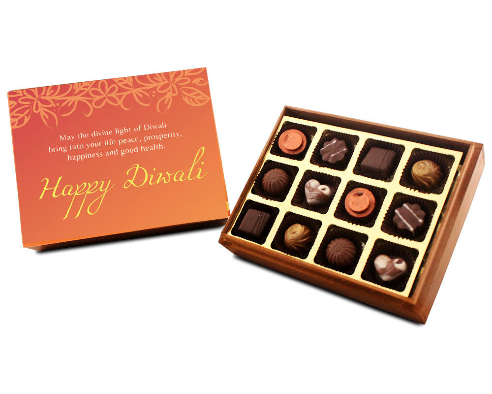 ZOROY Organic looking Diwali wooden box with Festive message , containing 12 assorted chocolates