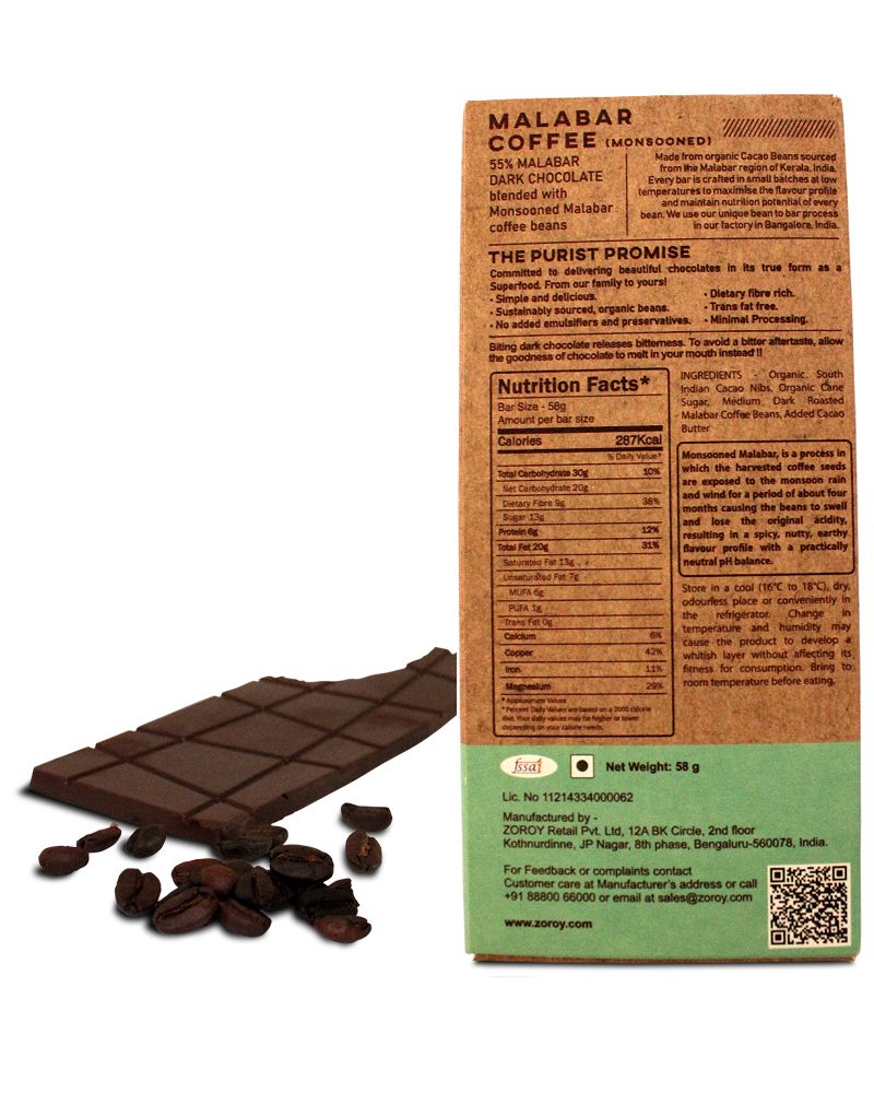 ZOROY Craft Bean to Bar Purist Collection, Monsooned Malabar Coffee, 55% Organic Beans Dark Chocolate bar, Pack of 2, 58gms Each - 116Gms