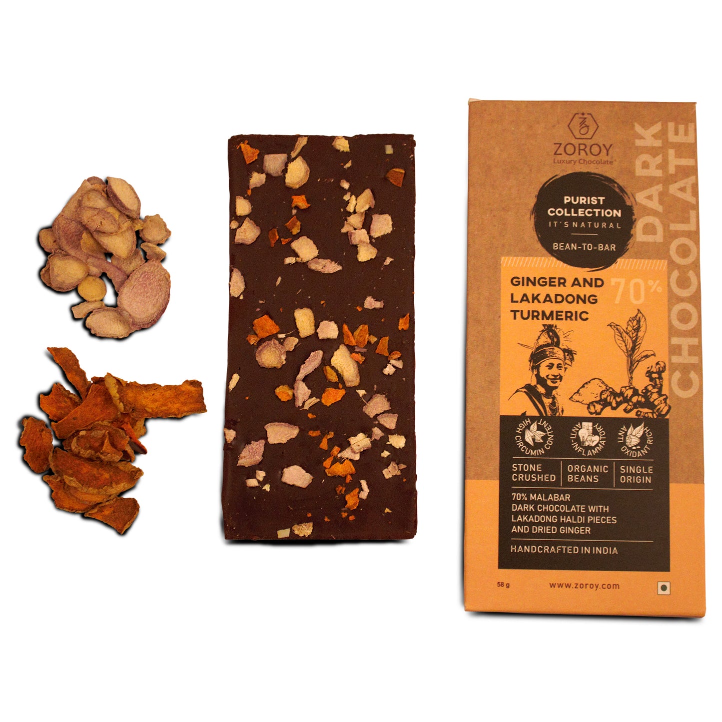 ZOROY Purist Collection, 70% Dark chocolate with Lakadong Haldi and dried Ginger - The Immune Booster - Set of 2