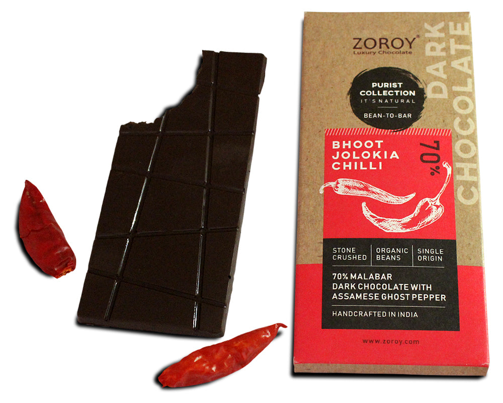 ZOROY LUXURY CHOCOLATE CRAFT PURIST Colletion | 70% Artisanal Bhoot Jhalokia Chilli Dark chocolate  | Single origin Bean to Bar | organic beans | Gluten Free | Healthy Craft chocolate | Soy free | Vegan | Set of 2 | 116gms