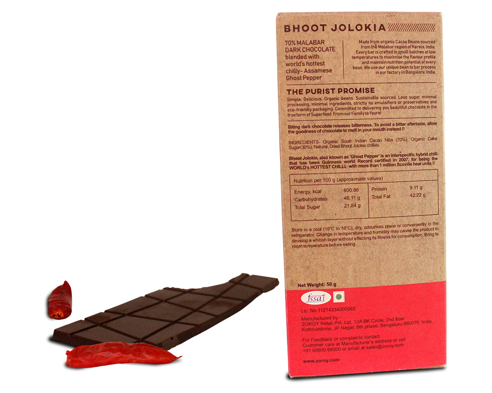 ZOROY LUXURY CHOCOLATE PURIST | 70% Artisanal Bhoot Jhalokia Chilli Dark chocolate  | Single origin Bean to Bar | organic beans | Gluten Free | Healthy chocolate | Soy free | Vegan | Set of 2 | 116gms