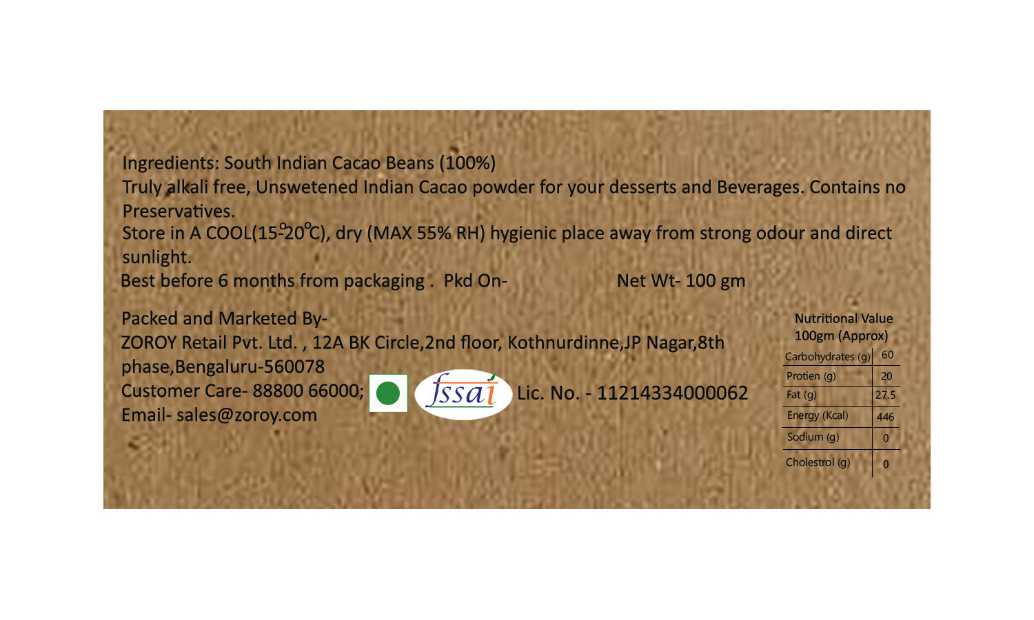ZOROY Purist collection Natural Coco Powder, 100 gms