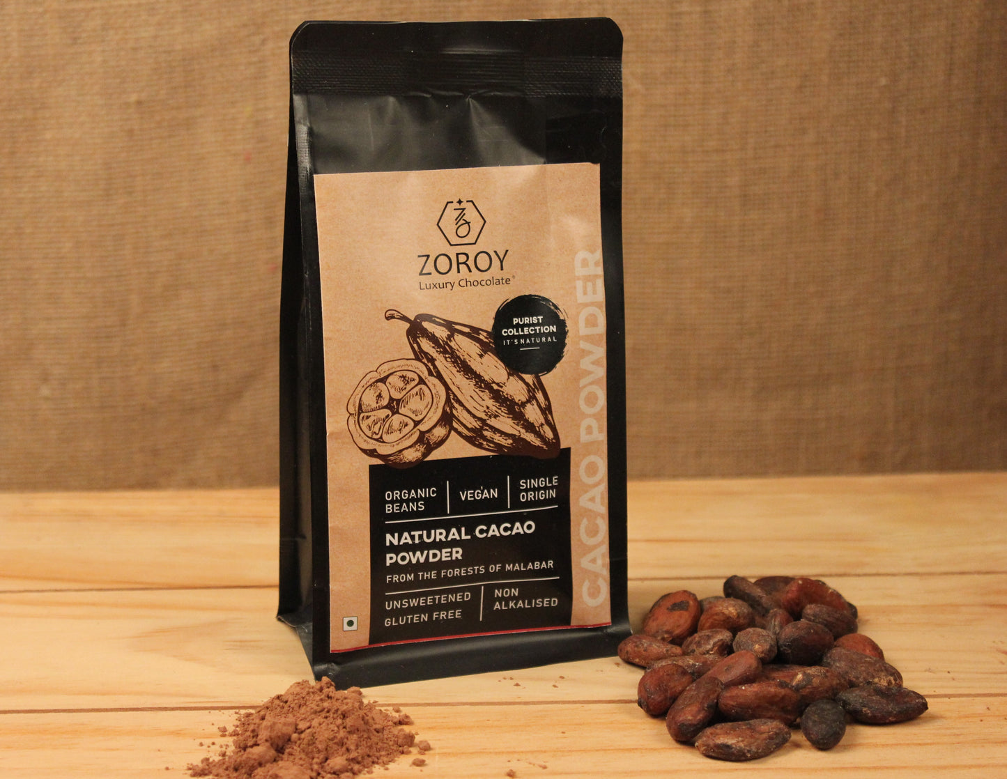 ZOROY Purist Collection Non-Alkalised Natural cacao Powder | Organic Beans | Vegan | Gluten free | High in anti oxidants | Un-sweetened | No colors | No preservatives | 200 gms