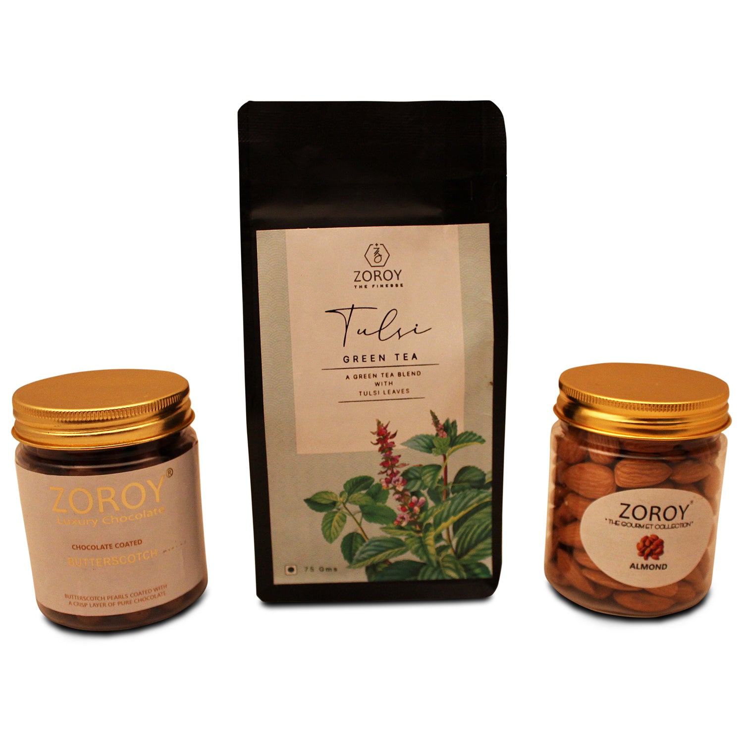 ZOROY LUXURY CHOCOLATE Regal Hamper | Tulsi Green Tea 75G | Californian Almonds 125G | Belgian style chocolate coated nuts 150G | 100% Veg