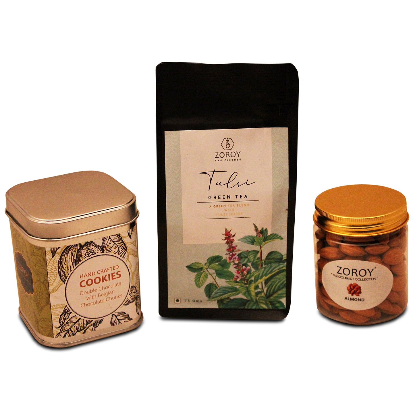ZOROY LUXURY CHOCOLATE Regal Hamper | Tulsi Green Tea 75G | Californian Almonds 125G | Handcrafted Cookies 100G| 100% Veg