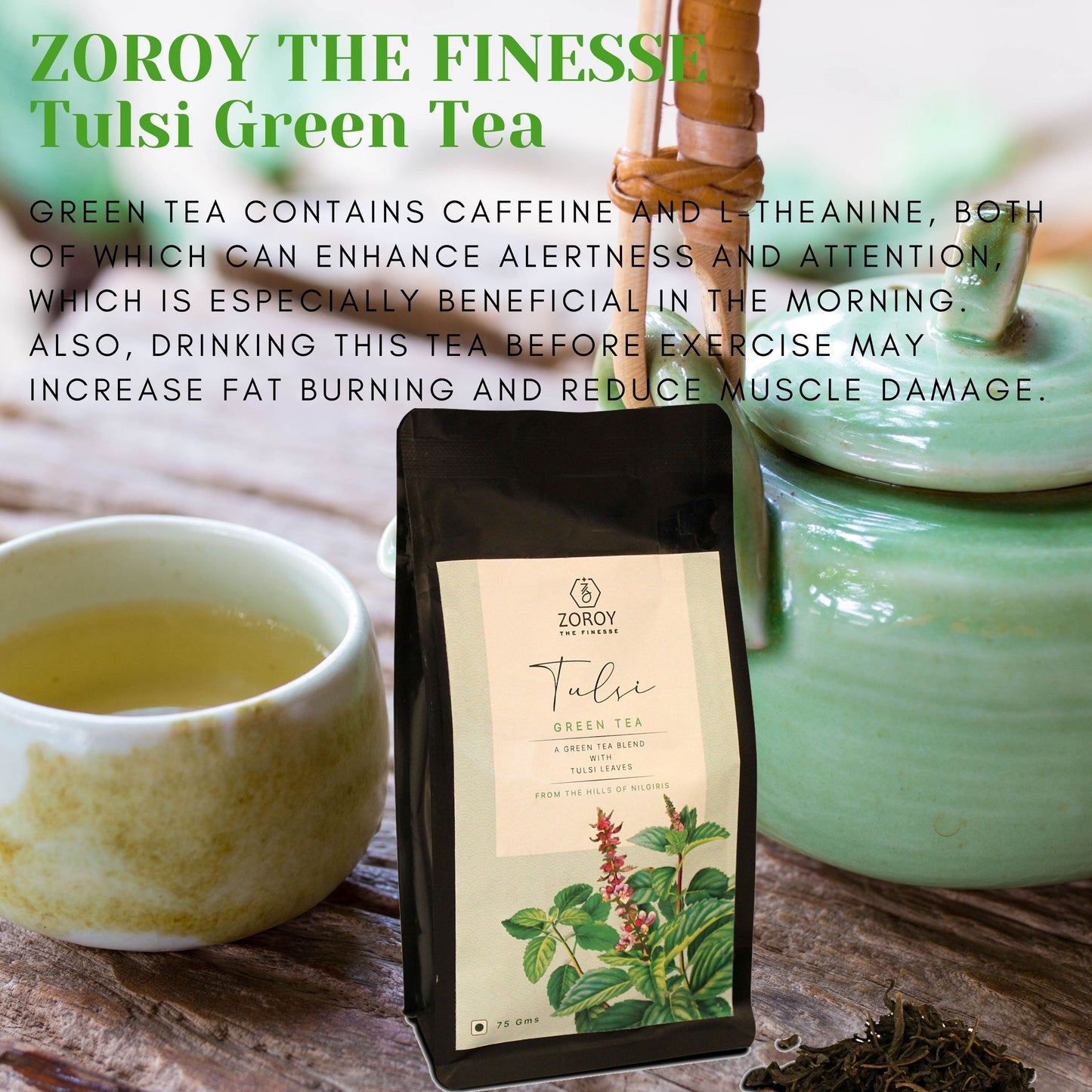 ZOROY THE FINESSE Tulsi Green tea | 100% Natural Herbal Detox | No Flavours | No essences | No Additives | Rejuvenating Tulsi chai | Anti Oxidant rich | Natural immunity Booster | Set of 2 | 150 Gms