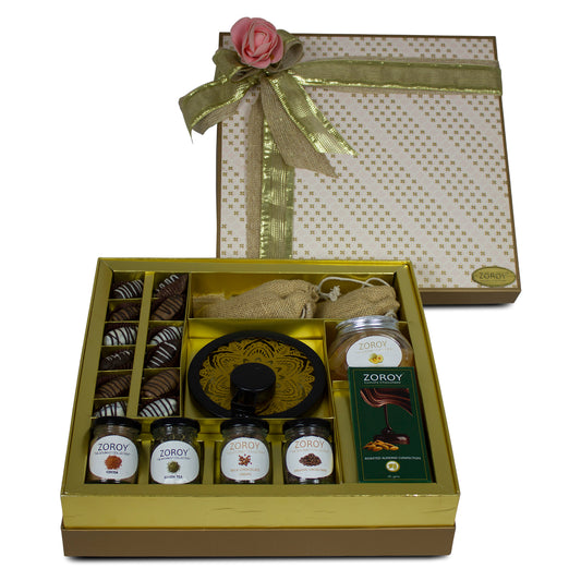 ZOROY The Elegance Hamper box of chocolates, dates, assorted goody jars and t light candle holder