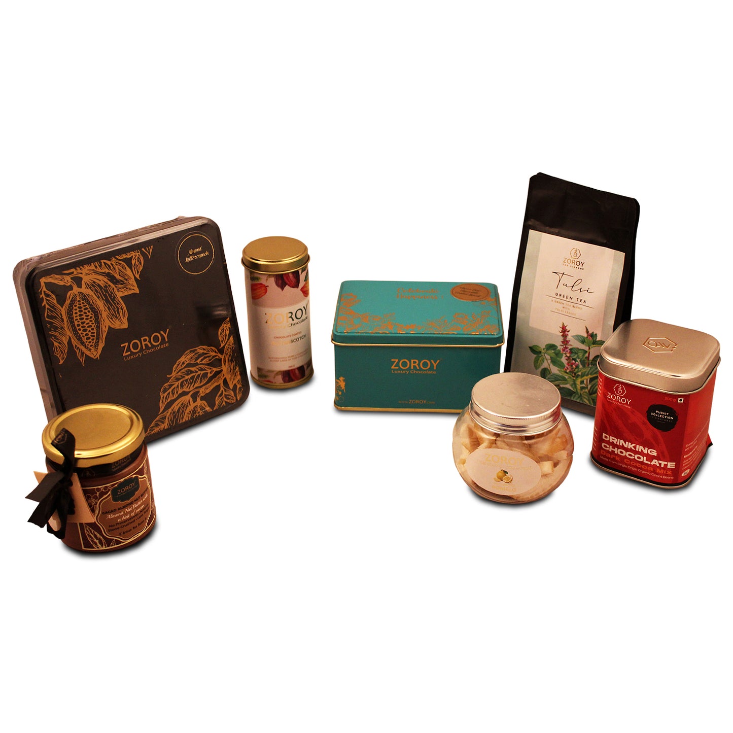 ZOROY LUXURY CHOCOLATE Everything Special Neel Gift Hamper | Tulsi Green Tea | Drinking Chocolate | Almond Buttercrunch | Cacao Almond Butter | Chocolate coated Biscuit | Coated Nuts | Dehydrated fruit