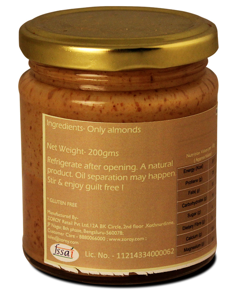 ZOROY THE FINESSE Pure Unsweetened Natural Creamy Almond butter | No sugar | High Protein | Vegan | Keto friendly | Gluten Free | No preservatives | No emulsifier | No added oil | 200 grams