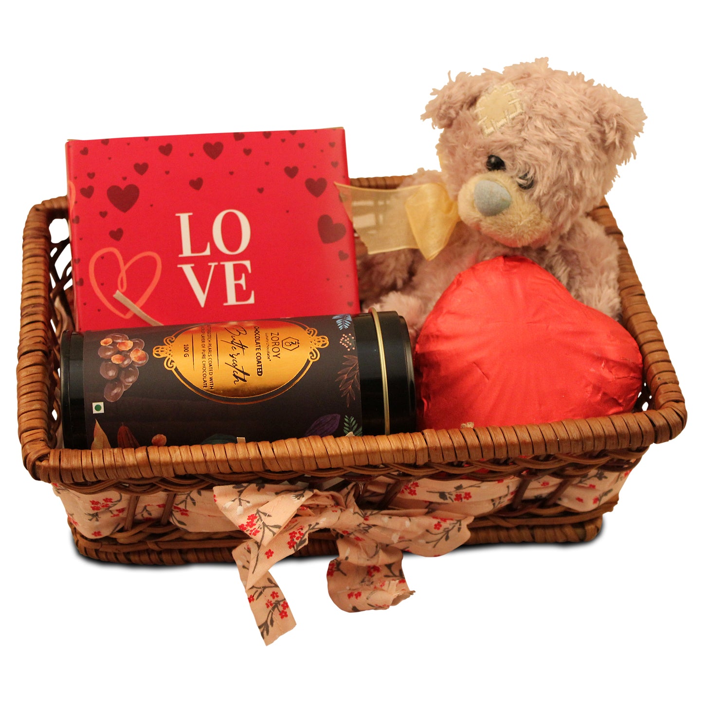 ZOROY Luxury Chocolate Valentines Essential Hamper | Assorted Chocolates | A gift for someone you love | Heart shaped milk chocolate | Chocolate coated nuts 100G | Teddy bear | 100% Veg