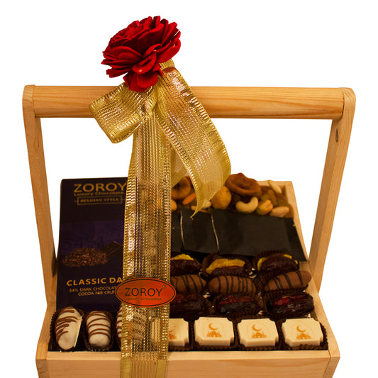 ZOROY Eid & Ramzan Wood basket of Good Wishes with Assorted Dates, Dry Fruits & Chocolate