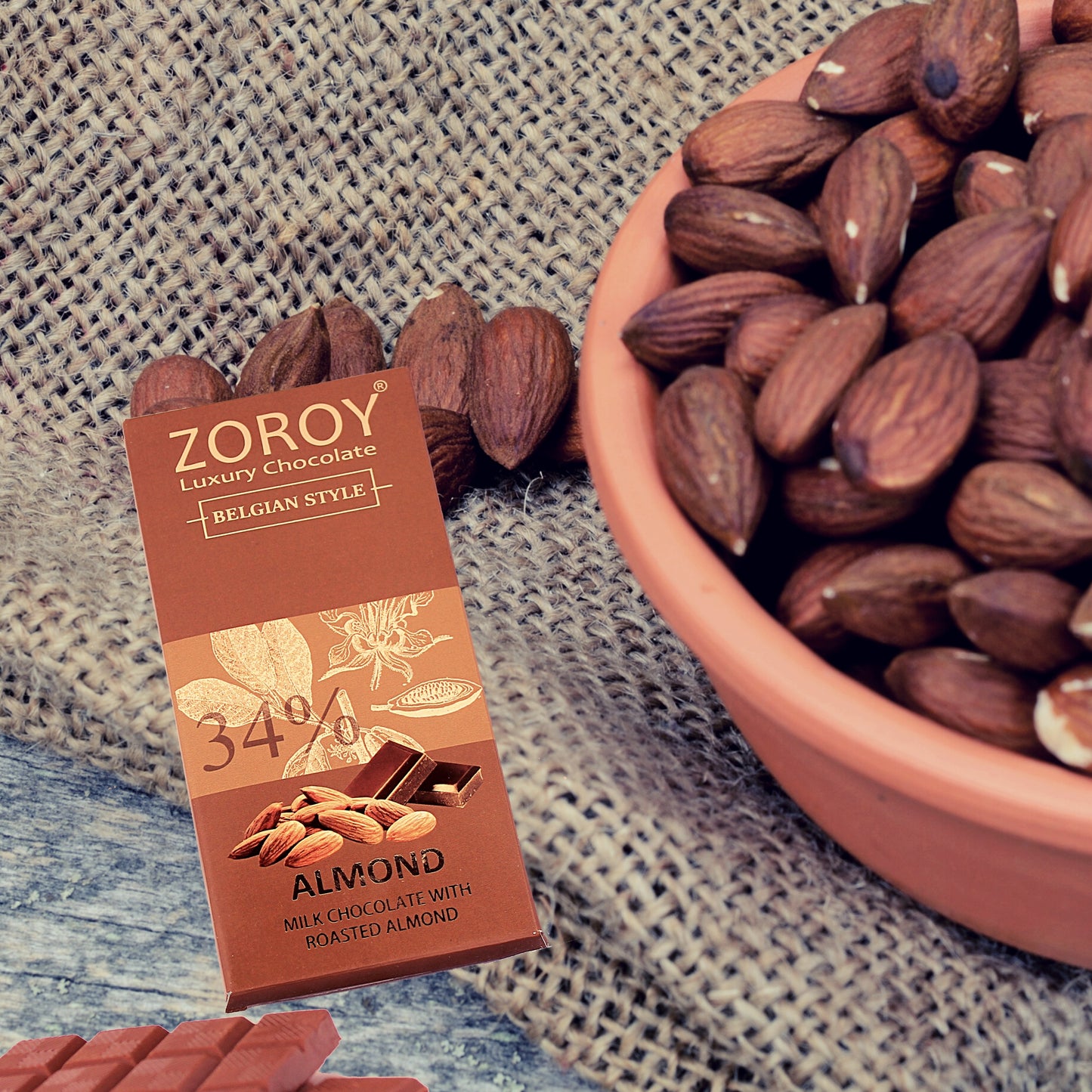 ZOROY LUXURY CHOCOLATE 100% Couverture Milk chocolate Almond bar | Signature Belgian style chocolate | Almond chocolate | 100 grams