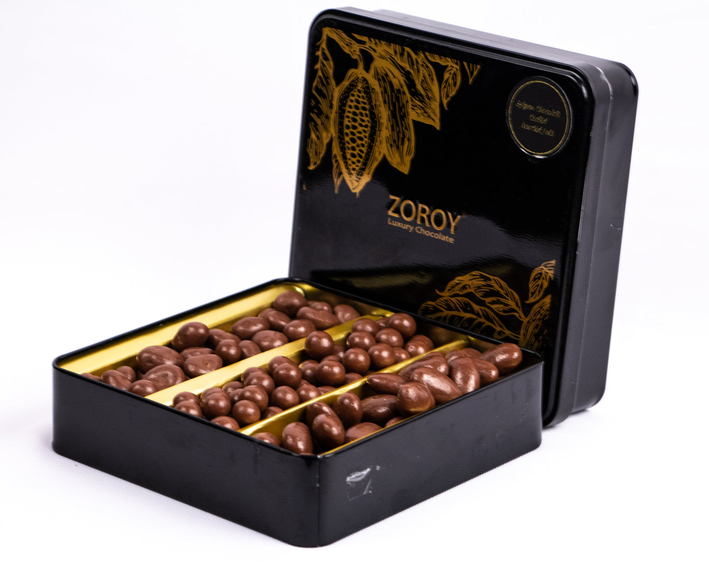 ZOROY Luxury Chocolate coated nuts | chocolate coated almond raisins butterscotch | almond draggers | butterscotch draggers | raisin draggers | Panned nuts | Pure couverture | Airtight Tin | 225 gms