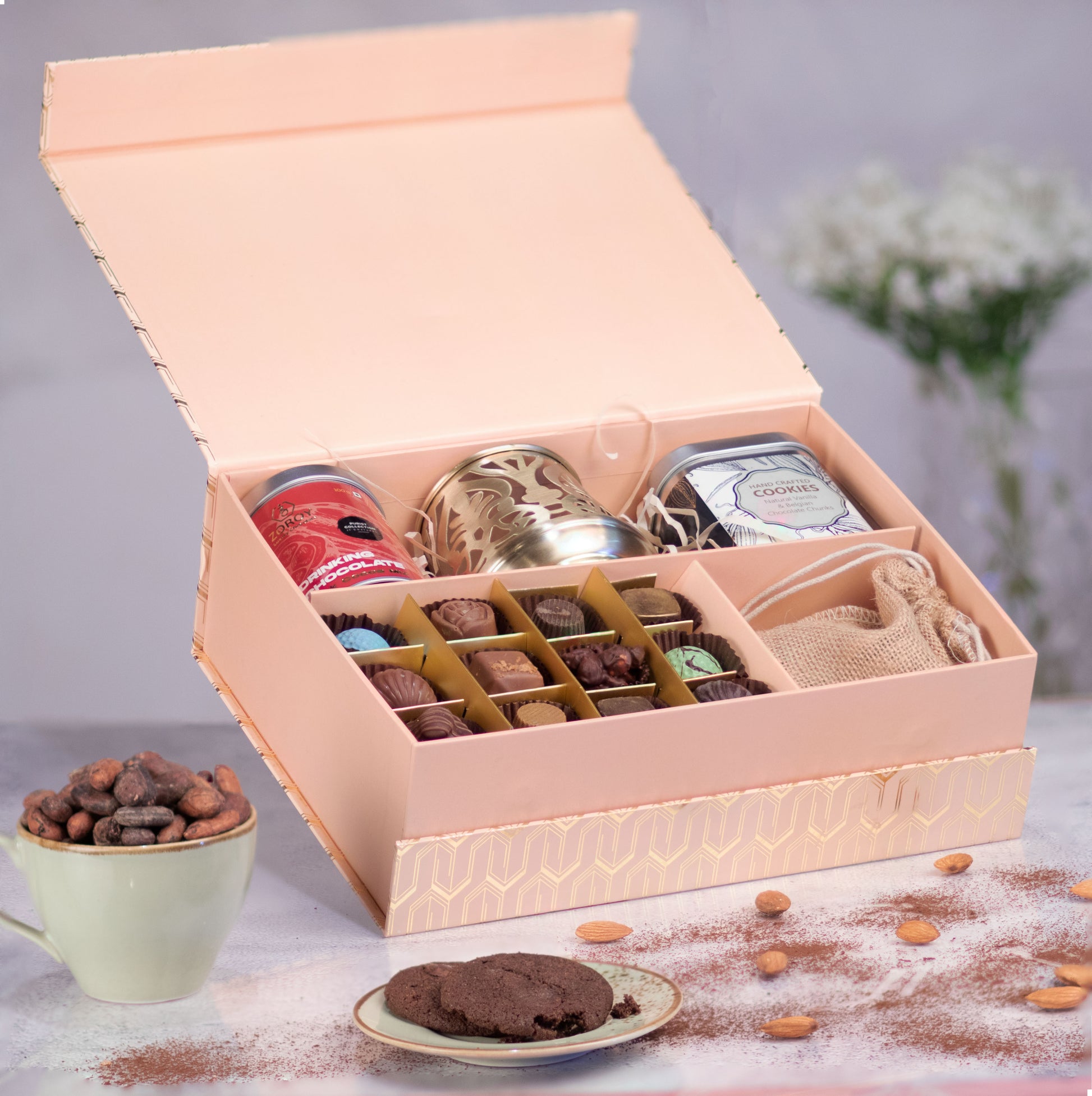ZOROY Luxury Chocolate Prominence Gift Hamper For Diwali Corporate Festive Birthday Weeding Christmas | Dry fruits | Metal T-lite Holder | Chocolates | Drinking chocolate | Aroma Diffuser | 100% Veg