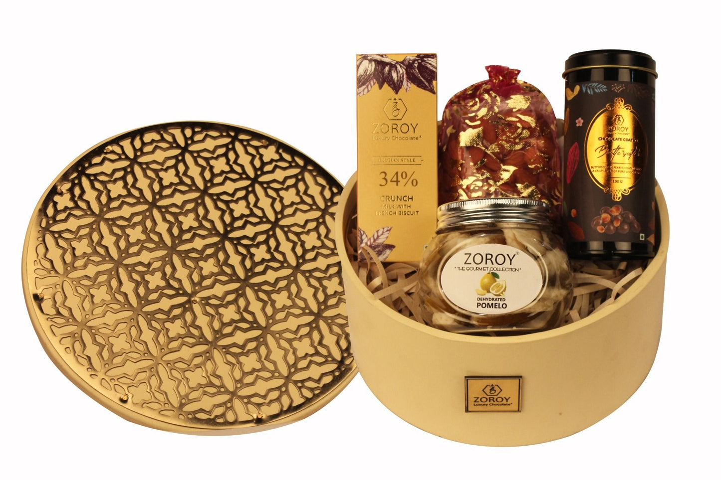 ZOROY Luxury Chocolate Classy Round Wood Metal Gift hamper Combo for corporate Christmas thanking you Rakhi celebration Diwali Birthday Wedding valentine festival family | Assorted Chocolate Goodies